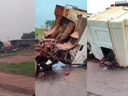 Vídeo flagra momento em que duas carretas caem de viaduto em Cuiabá